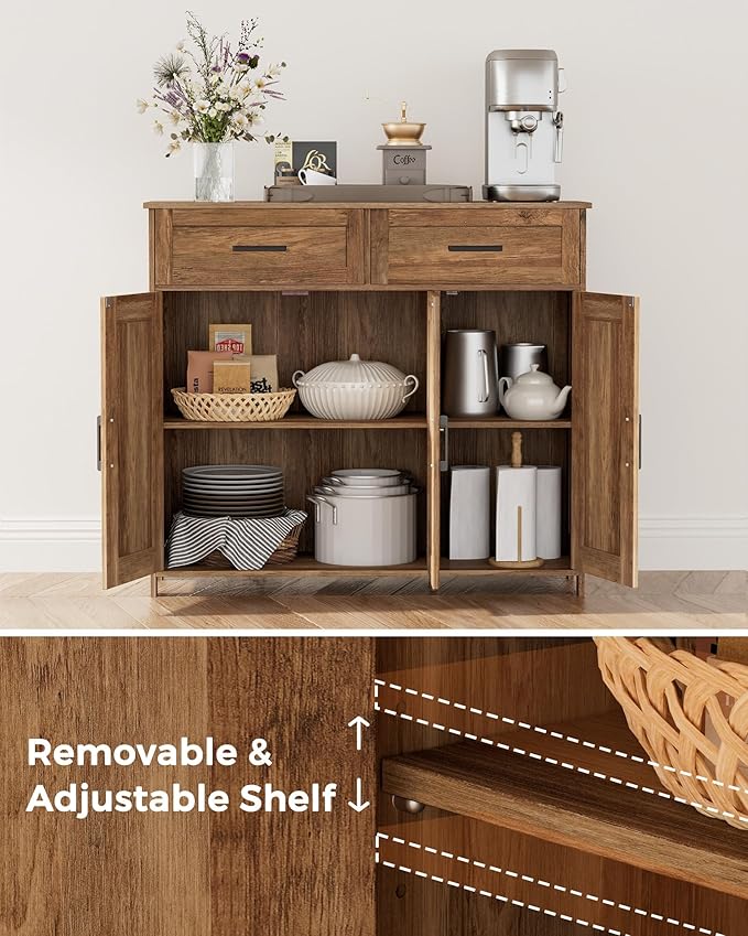 Homhedy Sideboard Buffet Cabinet, Coffee Bar Storage Cabinet with Drawers and Doors, Farmhouse Kitchen Cabinet with Adjustable Shelves, for Kitchen, Dining Room, Living Room, Rustic Walnut