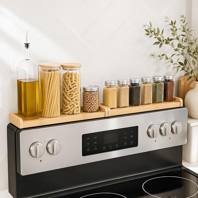 Magnetic Stove Top Shelf 30 Inch – Over the Stove Spice Rack Organizer for Flat Top Stoves, Strong Magnetic Bamboo Kitchen Shelf, Space Saving Stove Top Storage Rack, Tool-Free Installation, Natural