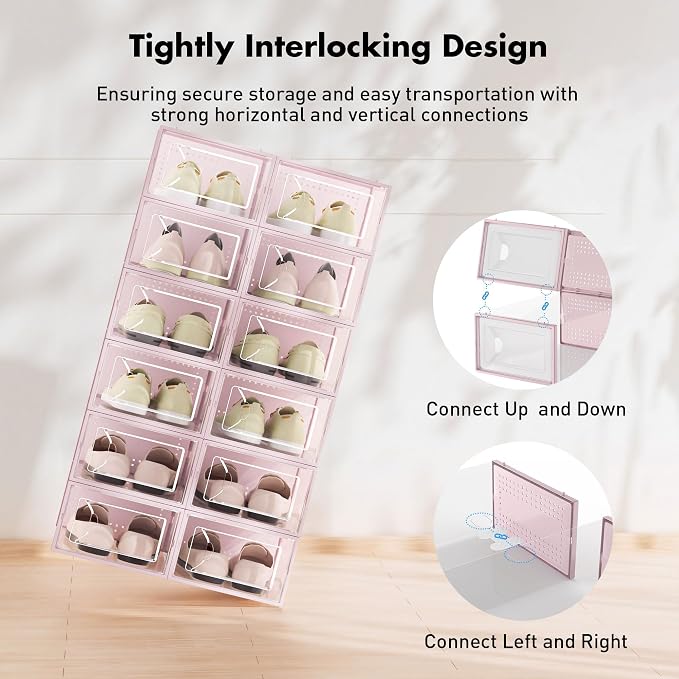 Foluck Shoe Storage Box, 15 Pack Clear Plastic Stackable Organizer for Closet, Interlocking Design Shoes Container Bins for Sneakers, Foldable Shoe Rack with Lids, Pink