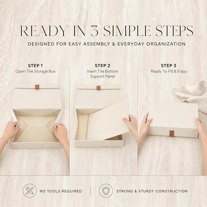 ZICOTO Decorative Photo Storage Box with Lid - A Beautiful Linen Organizer Perfect to Safely Store Your Pictures, Documents, Scrapbooking Supplies, Keepsakes and Other Memories in Style