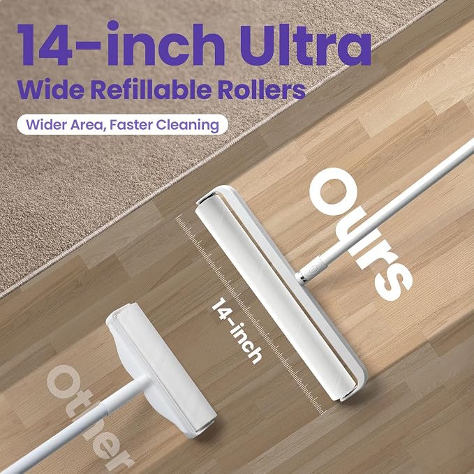 DELOMO 14.17” Large Lint Roller for Pet Hair, Long Handle for Floor, Carpet | 45” Long Lint Roller, 360 Extra Sticky Sheets, No-Bend Cleaning for Couches, Bedding, Car Seats, Rugs and Furniture