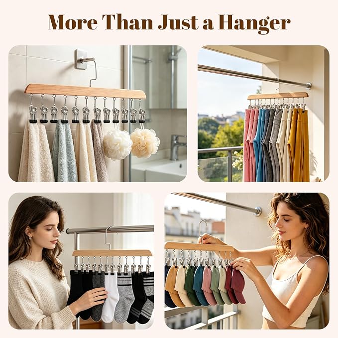 Space Saving Hanging Clothes Organizer with 12 Clips Multi-Purpose Storage for Leggings, Jeans, Skirts, Scarves, Hats, Socks(Natural-4PCS)
