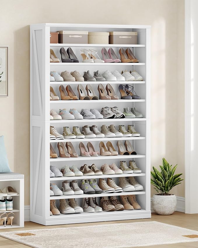 Hzuaneri Shoe Storage Cabinet,10 Tiers Farmhouse Tall Shoe Cubby Organizer | Freestanding Shoe Cabinets, Wooden Shoes Rack with Cubby, 46-50 Pairs, for Entryway, Living Room, White SR59803X