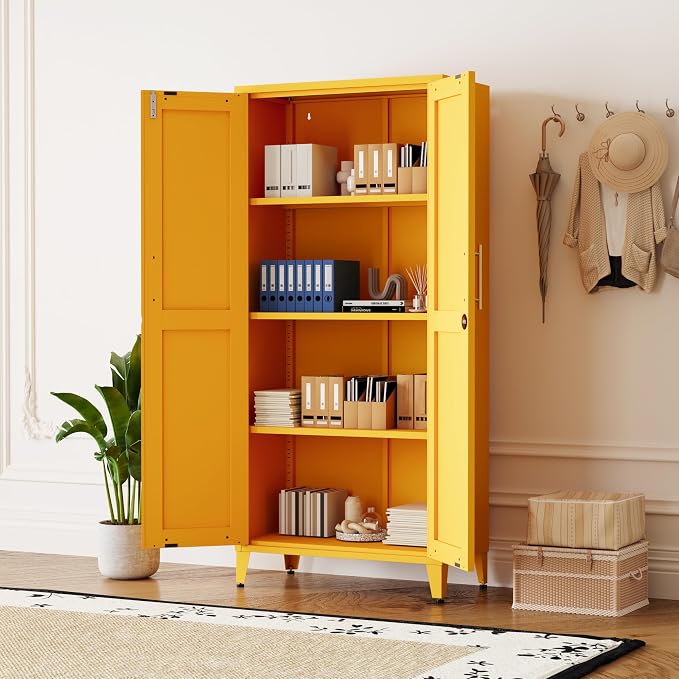 61" Yellow Metal Storage Cabinet and Lock, 2-Door Metal Locker Cabinet with Adjustable Shelves, 4-Tier Steel Storage Locker for Bedroom Living Room Kitchen Home Office Size：61"H X 27.6"W X 13.8"D