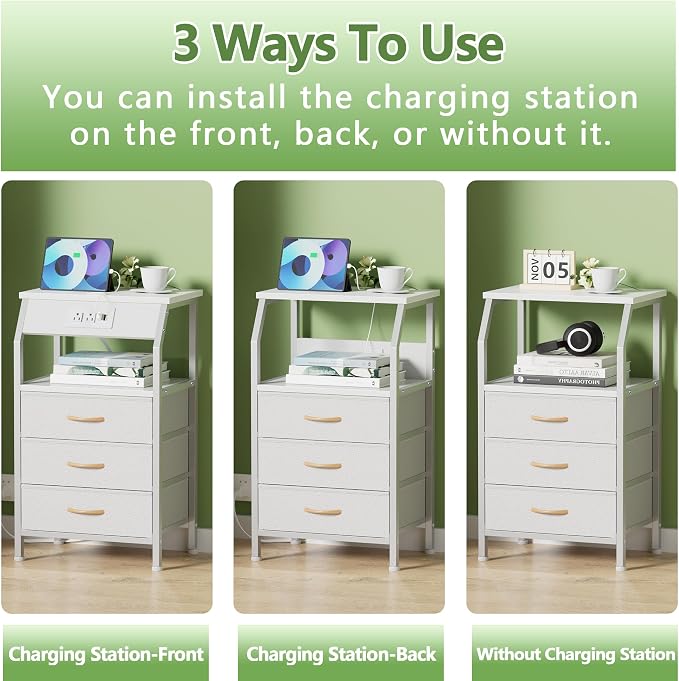 Furnulem Night Stand with Charging Station, 28.3 Inch Tall Bedside Table with PVC Drawers, End Table with USB Ports and Outlets, 3 Fabric Drawer Storage Nightstand for Bedroom, 3 Ways to Use, White | 28.3 Inch Tall Dorm Night Stand with fabric Drawers,...