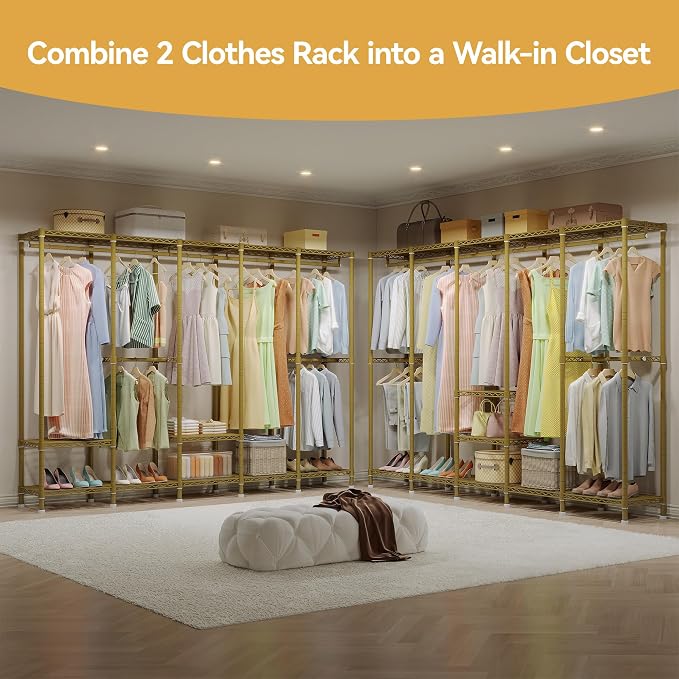 Higeego H5 Large Wire Garment Rack, Heavy Duty Clothes Racks, Wardrobe Closet Rack for Hanging Clothes, Freestanding Clothing Racks with Adjustable Shelf, 93.3" Wx15.7 Dx75.4 H, Gold, Load 1400 lbs