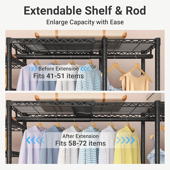 VIPEK Classic V6X Dynamic Closet System, Expandable Freestanding Clothes Rack with Shelves & Hanging Rods, Adjustable Width 62"-96", Modular Metal Clothing Rack Organizer for Reach-in Closet
