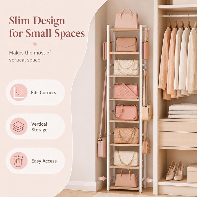 8-Tier Narrow Purse Organizer for Closet, Tall Vertical Purse Rack for Small Spaces, Corner Handbag Storage Display Shelf with Adjustable Fabric Shelves & 8 Hooks for Small & Medium Tote Bags, Bedroom