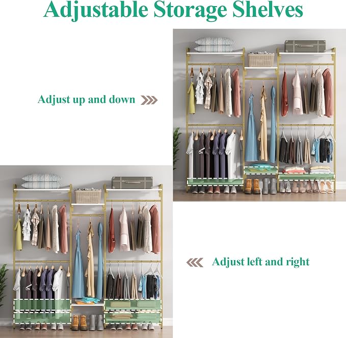 Auromie Gold Wall Mounted Clothing Rack with 5 Hanging Rods, Clothes Rack with Adjustable Shelves, Closet Storage Organizer System Kit, Heavy Duty Garment Rack with Metal Frames (80.71" L*78.74" H)