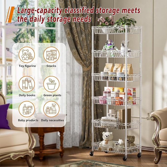 Golpart Basket Shelves Closet Rack with Wheels Metal Pantry Wire Shelf Unit | 6 tier Storage Rolling Shelving Bathroom Organizers Kitchen Garage Laundry Room Organization Home 17.2"Dx12.2"Wx63"H White