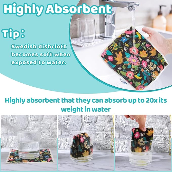 Needbrock 6 Pack Swedish Dishcloths for Kitchen, Swedish Rags Absorbent Retro Bird Dish Cloths Dish Towels with Adhesive Clips, Reusable Paper Towels No Odor for Countertop Dishes Kitchen