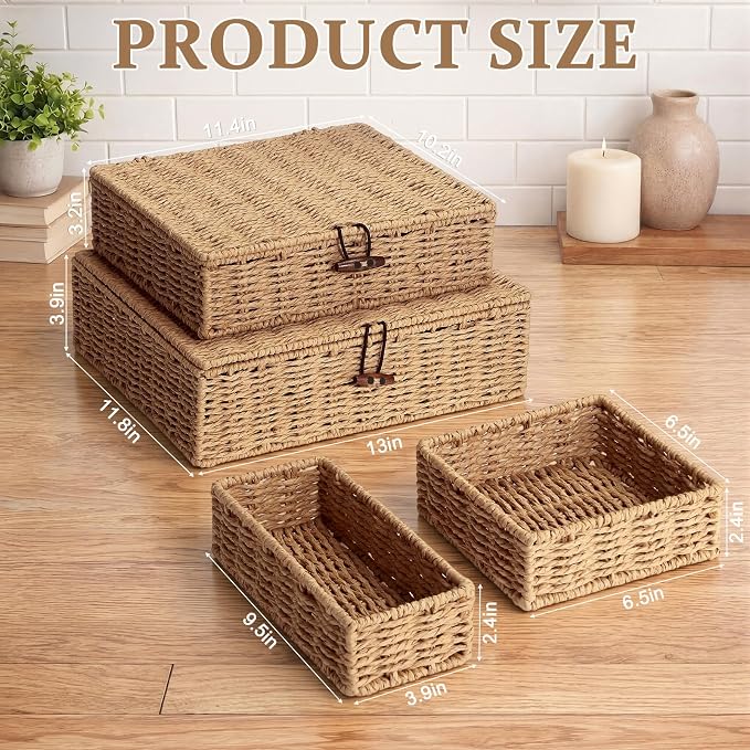 Newtay Set of 4 Woven Wicker Storage Baskets with Lids, Decorative Storage Boxes Lidded Rattan Organizer Bin Home Decor for Shelf, Coffee Table, Closet, Bathroom, Living Room(Paper Rope,Natural Color)