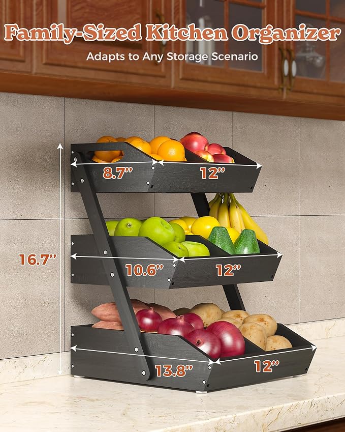 Sevenblue 3-Tier Bamboo Fruit Basket with 2 Banana Holders Black | Large tiered organizer for bread, snacks, veggies. Sturdy bamboo, includes mats & dividers. Easy to assemble.