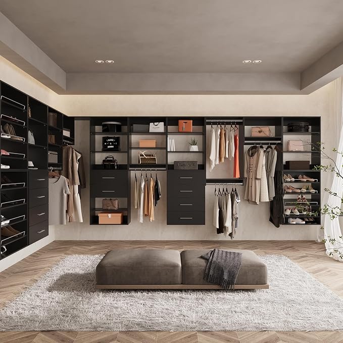ROOMTEC Modular Closet System, 72" Wall-Mounted Closet Organizer with Hanging Rods, Modern Wooden Tower for Walk-In Closets, Wardrobe Storage Kit, Black