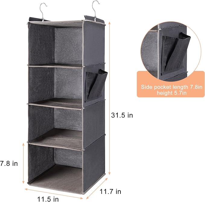BOOMIBOO Hanging Closet Organizer and Shelves, 4 Shelves with 1 Side Pockets, Foldable, Grey Fabric, Modern Style, for Bedroom and Dorm Room (Grey)