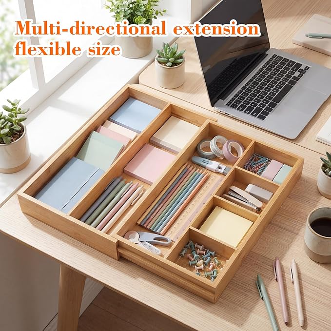 Bamboo Sliding Desk Drawer Organizer 12'' up to 15.7'' x 14'' x 2.2'' Expandable Office Desk Accessories Supplies Tray with 7 Compartments for Pens, Notebooks, Rulers, and Makeup Jewelry Vanity