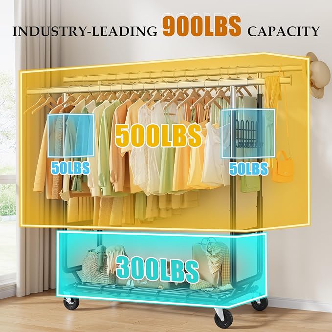 Gewudraw Clothes Rack Heavy Duty Load 900 Lbs With Wheels, Double Rod,Black | Rolling Clothing Rack, Adjustable Height, Extendable Rod, Portable, Collapsible, Shelf, Hooks,for Wardrobe,Bedroom,Commercial