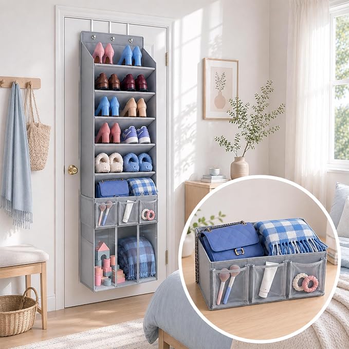 3in1 Over The Door Shoe Organizer with 5 Slanted Compartments,Removable Storage Bin & Transparent Pockets,Thickened Waterproof Oxford Fabric Shoes Rack for Shoes,Boots,Toys,Daily Essentials. (Grey)