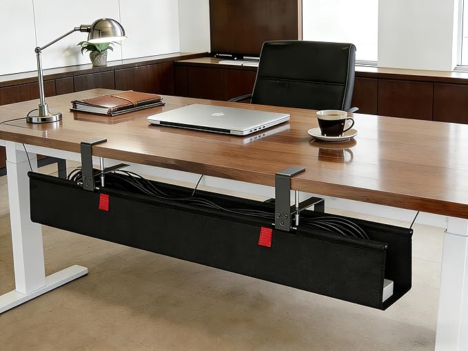 Under Desk Cable Management,No Drill 36",cord organizer,with Silicone Pads (No Scratch!)16 Cable Ties,Washable PE Honeycomb Base,Clamp/Screw Mount-Fits Any Desk 0-2.1",No Stinky Cardboard! Black