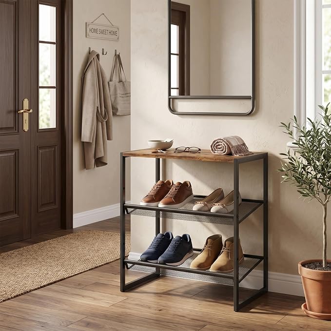 Shoe Rack for Entryway，3 Tier Shoe Storage Organizer，Sturdy Shoe Shelf,Boot Rack with a Fine Mesh Shelves，for Living Room, Hallway，Small Space,11.8 x 16.5 x 19.7 Inches,Brown