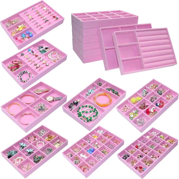 Stackable Jewelry Organizer Trays 8 Set, X-Large Jewelry Display Case Storage for Earring Necklace Rings Bracelet Watch with Removable Dividers
