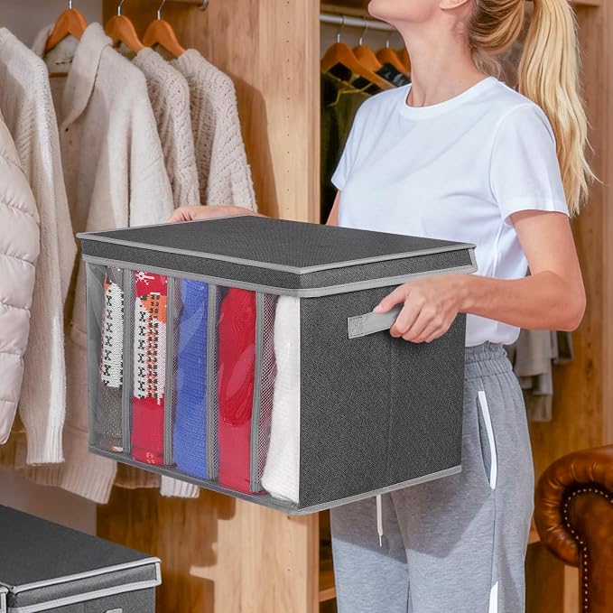 Zilink Upgraded Sweater Organizer for Shelf with Lids and Support Boards Clothes Organizer for Closet with 5 Grids Divider Sweater Storage Bins for Sweaters, Jeans, Pants, Black Pattern, 3 Pack