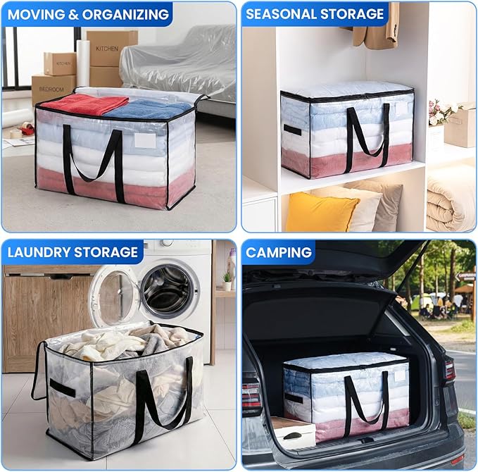 TAILI Extra Large Moving Bags, 12 Pack Clear Heavy Duty Totes For Storage with Visible Window, Wrap Around Handles, Storage Bags for Space Saving, Alternative to Moving Boxes
