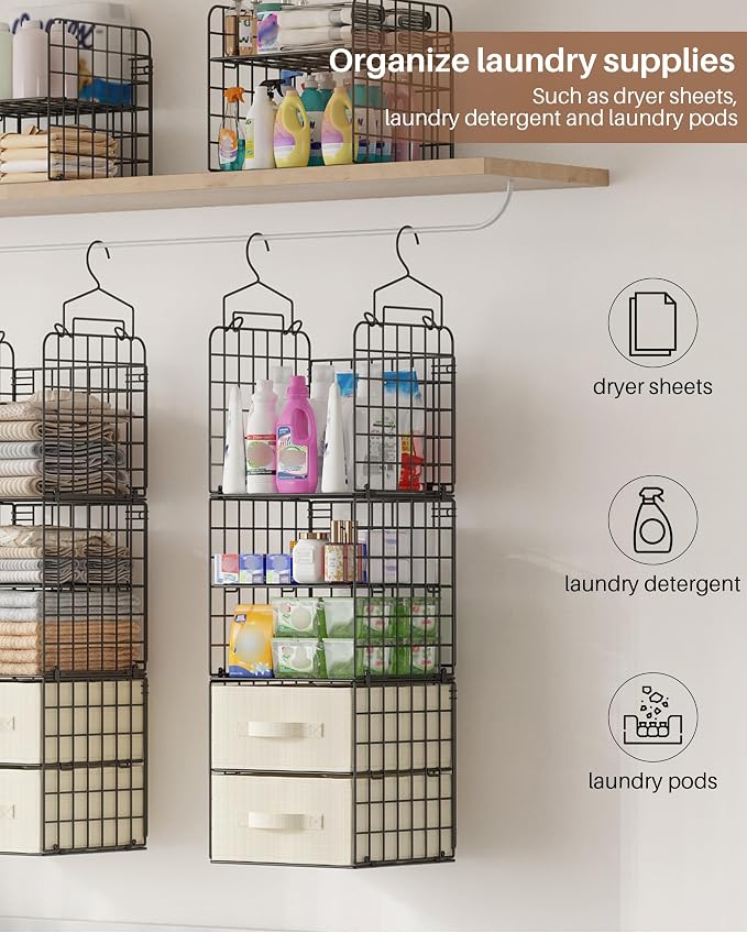 4 Pack Metal Hanging Closet Organizer, Adjustable Wire Shelves with 2 Fabric Drawers, Heavy Duty Foldable Clothes Storage Rack | No Sag Foldable Storage Rack for Clothes, Sweaters, Socks, Hats, Small Closets, Apartments, Dorms