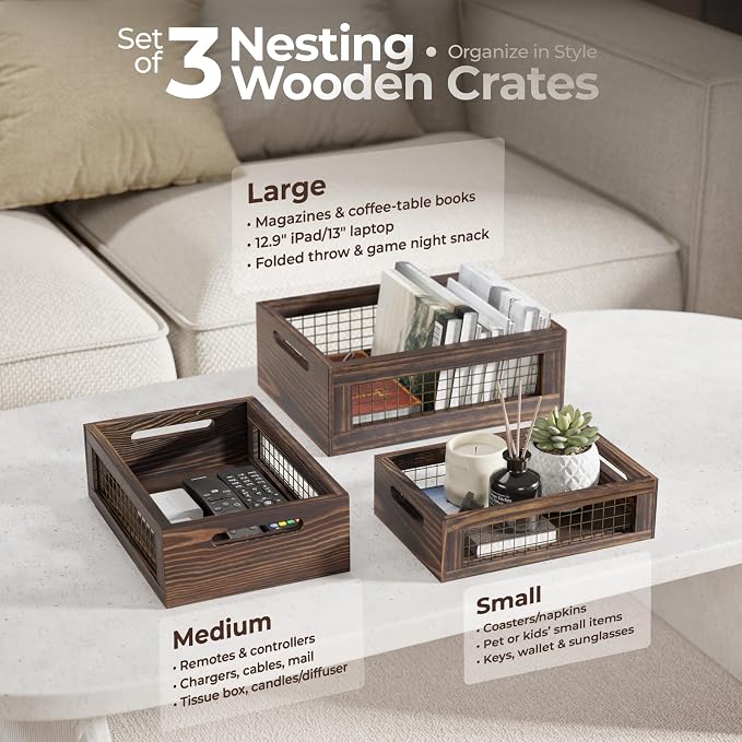 Set of 3 Wooden Nesting Countertop Baskets, Rustic Wood Storage Crates with Handles for Kitchen, Pantry, Bathroom, Fruit, Vegetables, Bread