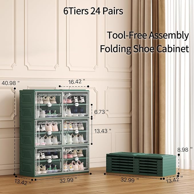 Foldable Shoe Cabinet with Magnetic Clear Doors, Wide Design Shoe Rack for Entryway, Portable Shoe Organizer Meeting Diverse Storage Needs (Green, 2Row 6Tier)