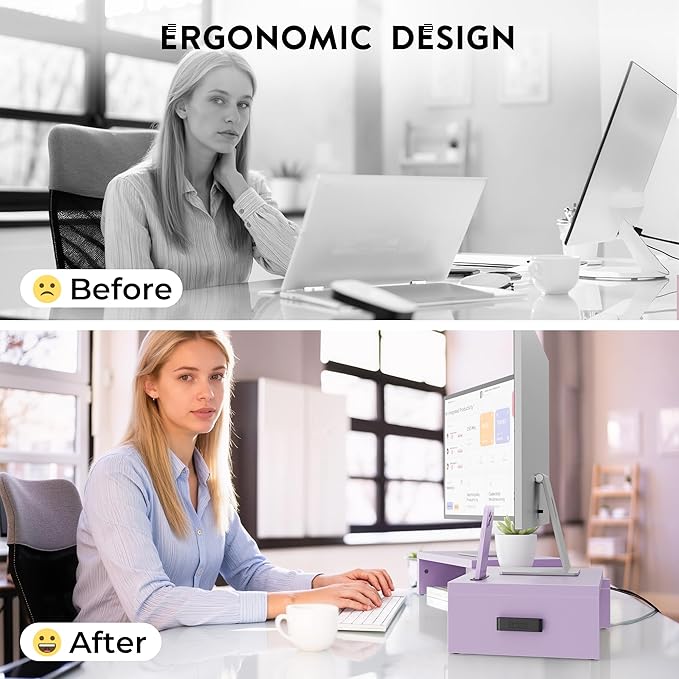 BONTEC Dual Monitor Stand Riser with Smartphone Holder, Adjustable Length & Swivel Angle, Ergonomic Wooden Desktop Organizer for PC Monitor, Laptop, Printer, Large Storage, 42.5 in, Purple