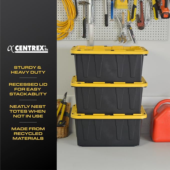 CX BLACK & YELLOW, 17-Gallon Heavy Duty Storage Bins with Lids, Stackable Plastic Storage Bins with Weather-Resistant Design, Home Organization, 2 Pack (12.5H x 18W x 26.9D)