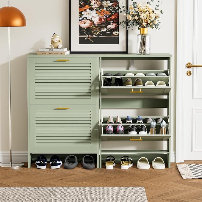 Narrow Shoe Cabinet Storage for Entryway, Sage Green | Freestanding Shoe Organizer with 2 Flip Drawers, Louvered Doors, Anti-tip Device, Modern Show Rack