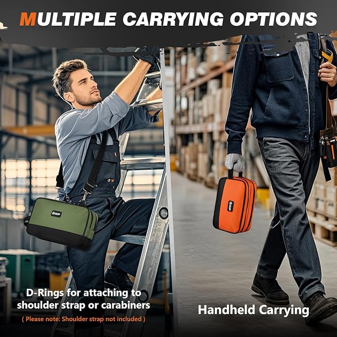 Tool Bag 2-Pack 12" 10", Divider Zipper Pouch, Small Tool Box Organizer | Waterproof, Heavy-duty Oxford, Smooth Zipper, Handle & D-Ring, Storage Case for Car Work Tool. Electrician Gift, Orange/Green