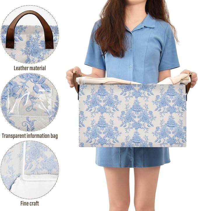 Blue Beige French FloralStorage Bins for Shelves with Labels&Handles Fabric Organizer Bin Foldable Rectangle Storage Basket Boxes for Closet, Bathroom, Home, Living Room