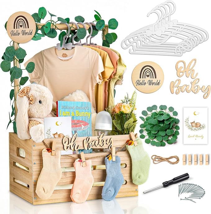 Wooden Baby Shower Crate Closet - Personalized Baby Gift Baskets with Hangers, Large Newborn Boys Girls Clothes Storage Box for Newborn New Parent