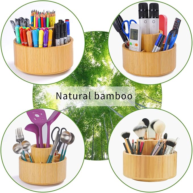 Utoplike Bamboo Rotating Art Supply Desk Organizer, Pencil Holder Desktop | Desktop Storage Caddy for Pen, Colored Pencil, Crayon, Paint Brushes, Art Studio & Office