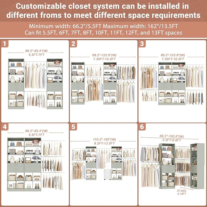 Besiost Closet System, 7.4ft-10ft with 4 Wooden Drawers and 5 Hanging Rods, Can Fit 88 to 123 inch Walk-in Closet System, Crab Green