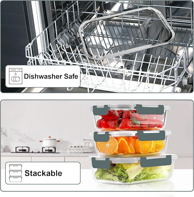 VERONES 12 Packs and 10 Pack 22OZ Glass Food Storage Containers Set, Glass Meal Prep Containers, for Microwave, Oven, Freezer & Dishwasher Friendly