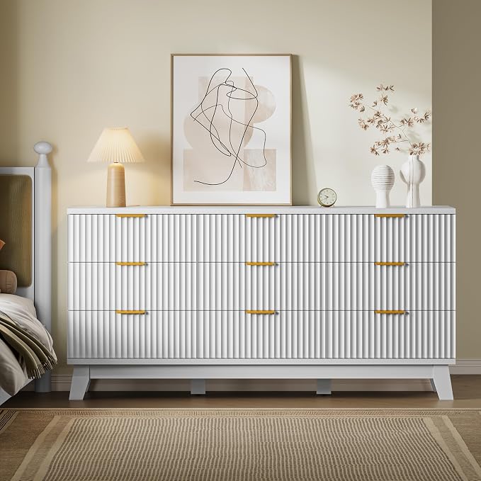 BORNOON Fluted 9 Drawer Dresser, 57.1" Wide Modern Boho Chest of Drawers, Wooden Storage Dresser TV Stand for Bedroom, Living Room, Closet, Hallway, Curved Profile Design