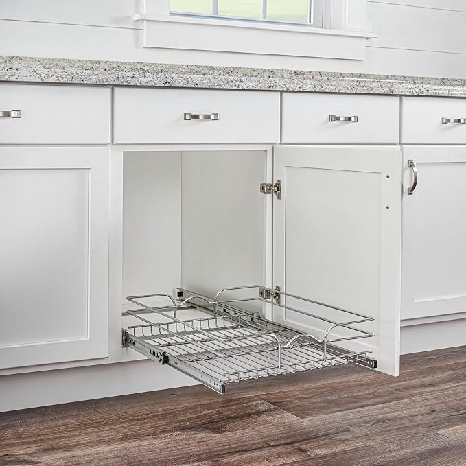 Rev-A-Shelf Steel Wire Pullout Drawer Organizer Shelf for Kitchen Cabinets, Slide Out Storage Basket, Min Opening Width of 23.5", 24" x 22", 5WB1-2422CR-1