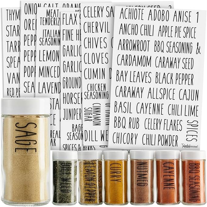 Talented Kitchen Spice Labels Stickers - Black Vinyl, 145-Pack, 1 Inch - Preprinted Waterproof Spice Jar Labels for Kitchen & Pantry Organization - Glass Jars, Herb & Seasoning Containers