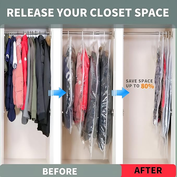 6 Pack Hanging Vacuum Storage Bag,Reusable Space Saver Compressed Bag with Hangers