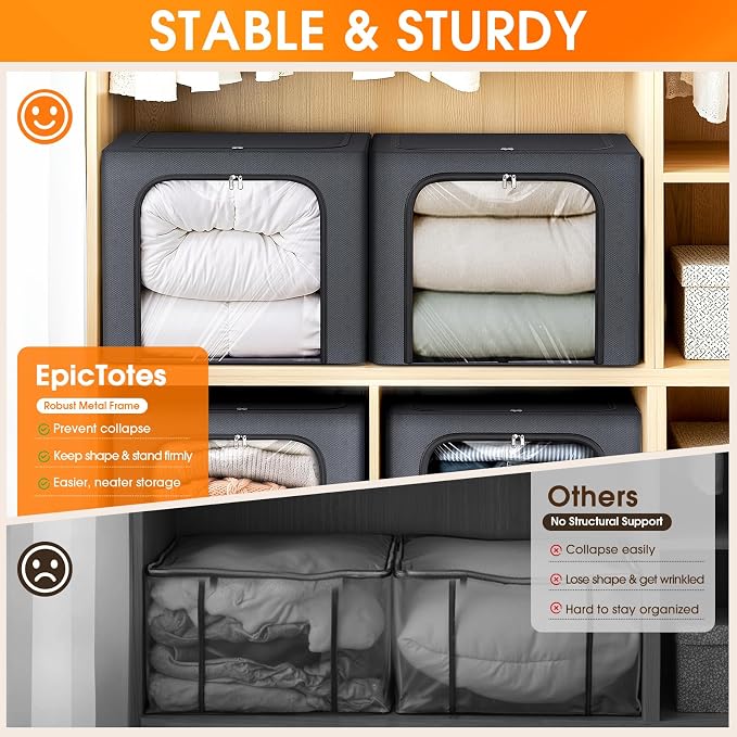 8 Pack Clothes Storage Bins with Metal Frame,Stackable Organizer Bins with Handles for Closet & Bedroom(Light Grey)