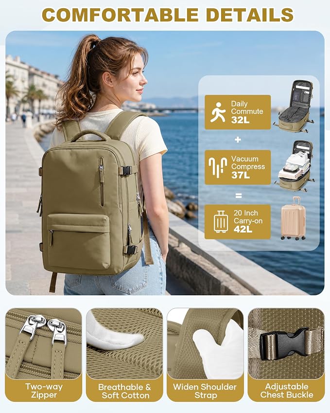 WONHOX Vacuum Seal Backpack for Travel with Air Pump 18x14x8 inches Vacpack Carry on Flight Approved Compression Daypack Laptop Space Saver Bag Storage with Vacuum System Travel Bags Women Khaki