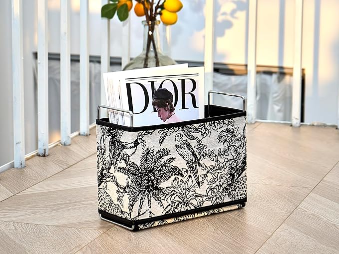 Leather Magazine Holder Rack Floor Basket for Bathroom & Living Room | No-assembly sturdy organizer in textured tapestry jacquard & leather. Randomly cut jungle pattern (no two are alike).