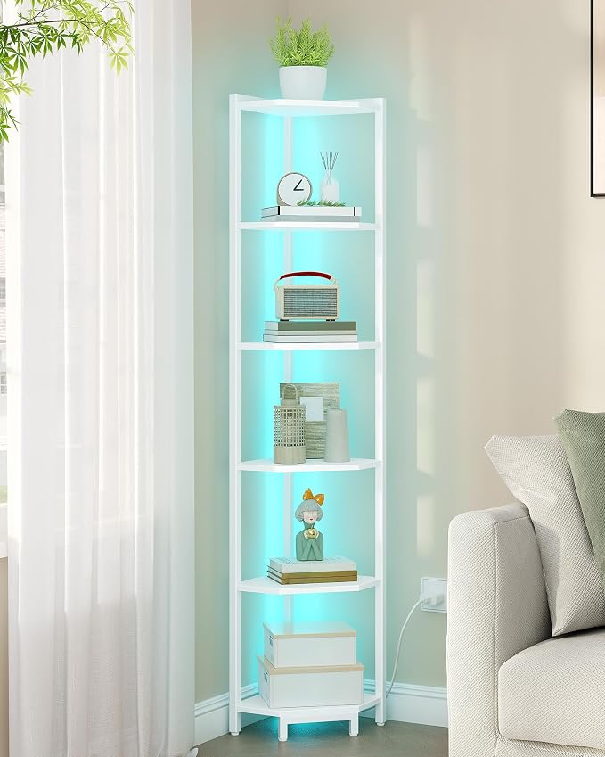 Hzuaneri Corner Shelf with LED Light 6 Tier Corner Bookshelf Standing Shelf | Tall Narrow Display Bookcase with Metal Frame for Small Space, Living Room, Home Office, Bedroom, White CS66613W