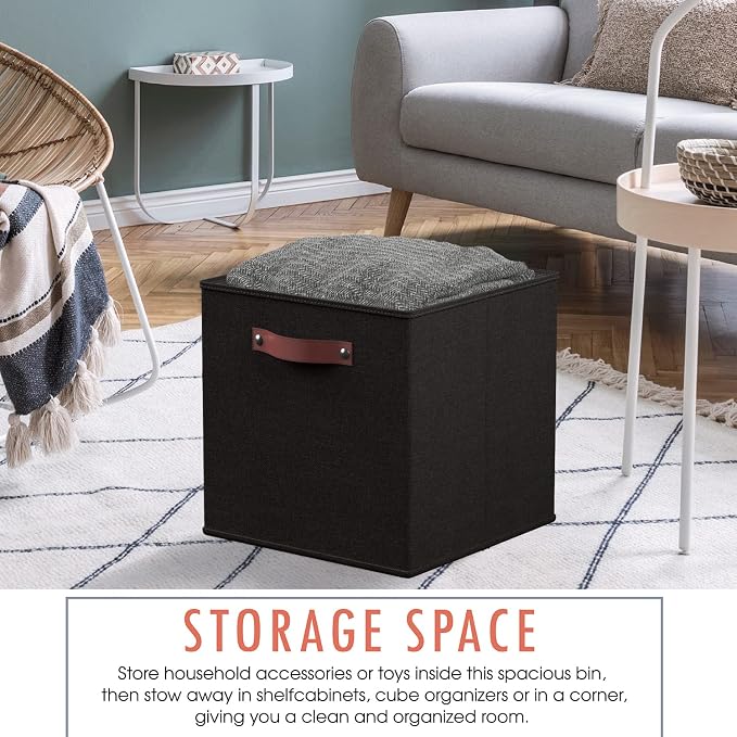 Ornavo Home 11x11 Foldable Fabric Storage Cube Bins, 6 Pack, Black | Collapsible Linen Shelf Basket Organizer; Leather Handles; Ideal Cube Storage For Closet