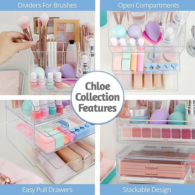 STORi Chloe Stackable Makeup Holder & Drawer Organizer Set, Clear, BPA-Free Plastic, Made in USA, Organize Brushes, Cosmetics & Beauty Essentials