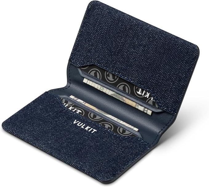 VULKIT Slim Minimalist Card Holder RFID Blocking Leather Credit Card Holder Front Pocket Wallet Magnetic Closure, Denim Blue